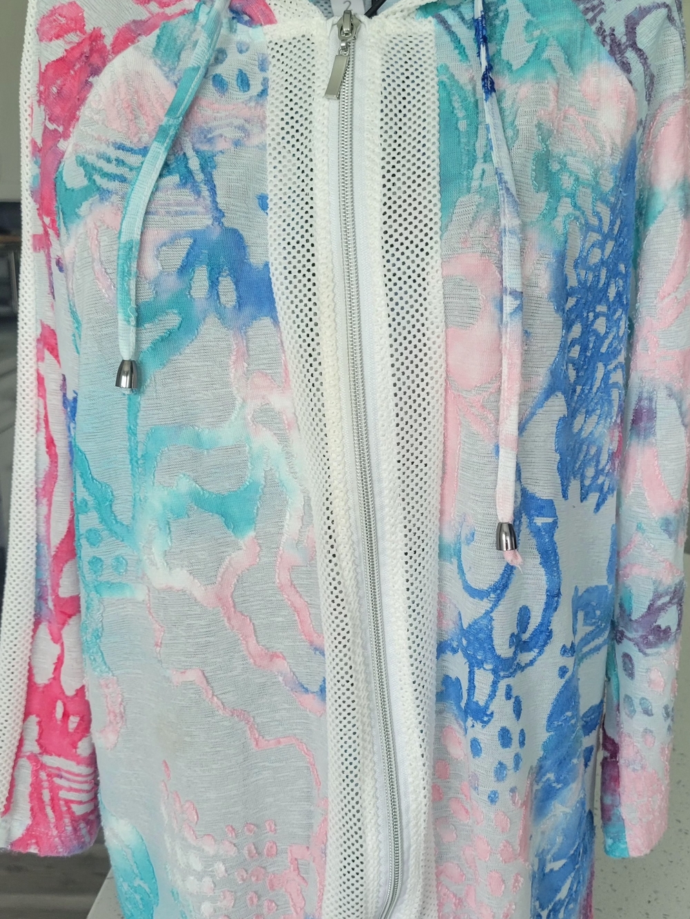 Chico's Pastel Floral Zip Hooded Bomber Jacket - Pink, Blue, Mint
